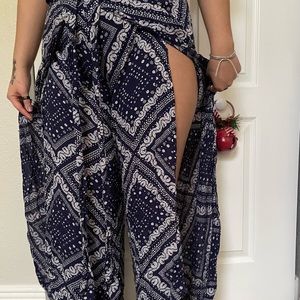 Blue and white detailed Japan open leg pants
